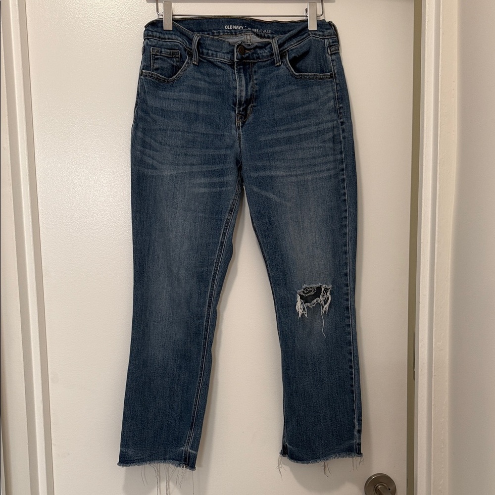 Old Navy Mid-rise Flare Cropped Distressed Blue Denim Jeans
